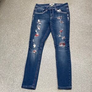 SKINNY  Distressed Skinny Jeans, rips, red plaid patches, low rise, size 11